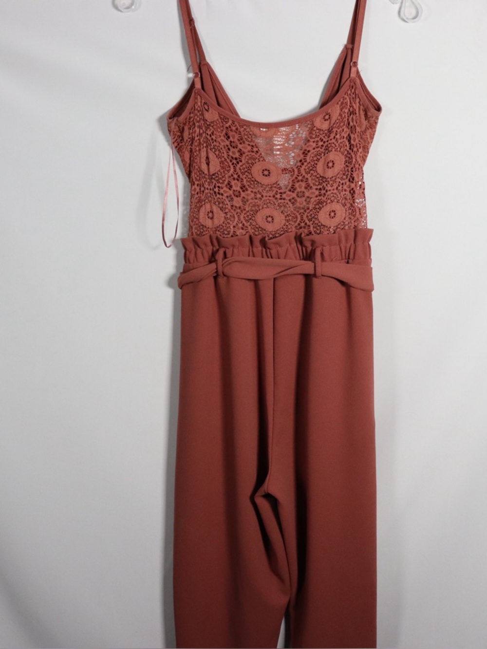 ReVamped Rust Lace Jumpsuit Women’s Small Wide Leg Belted Romper - Picture 8 of 9